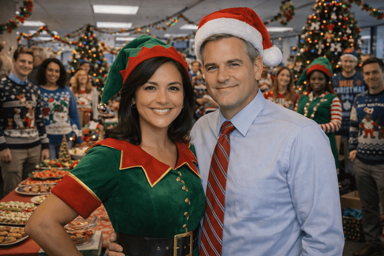 Team in ugly sweaters and Santa hats celebrating Christmas with festive snacks