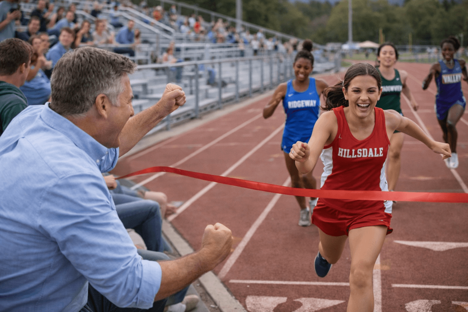 Elias on the bleachers cheering as Gracie sprints on the track