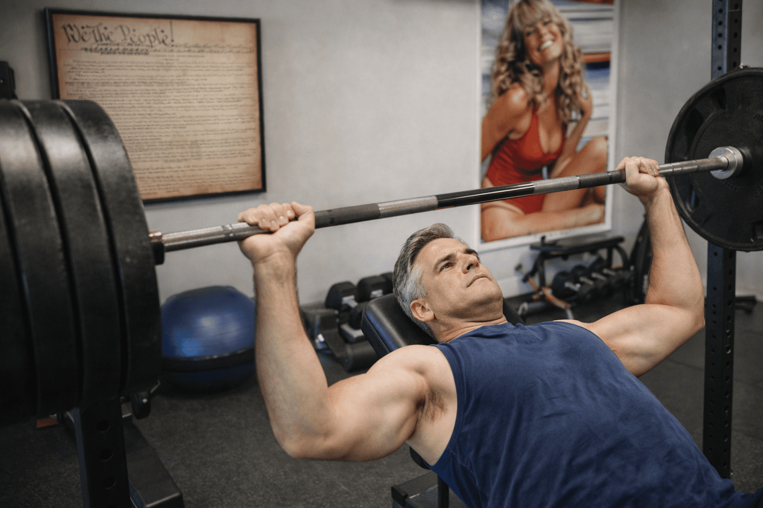 Elias in his home gym lifting weights, Constitution poster visible in background