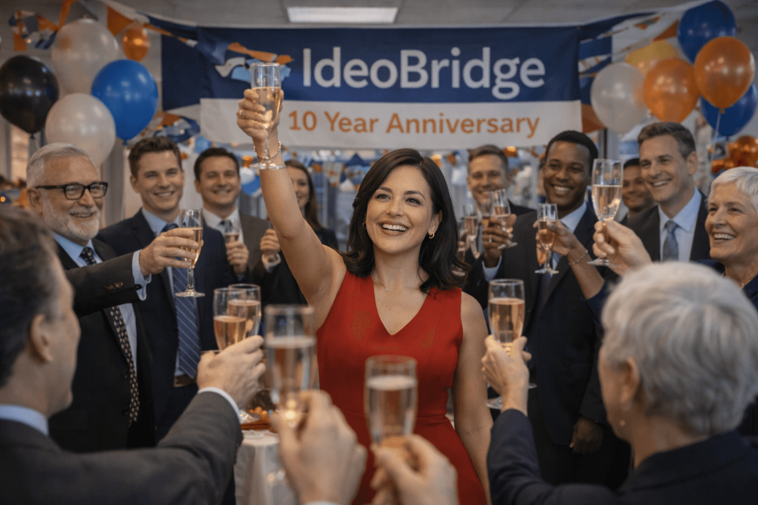 IdeoBridge team celebrating 10 year anniversary with raised glasses and celebration banner