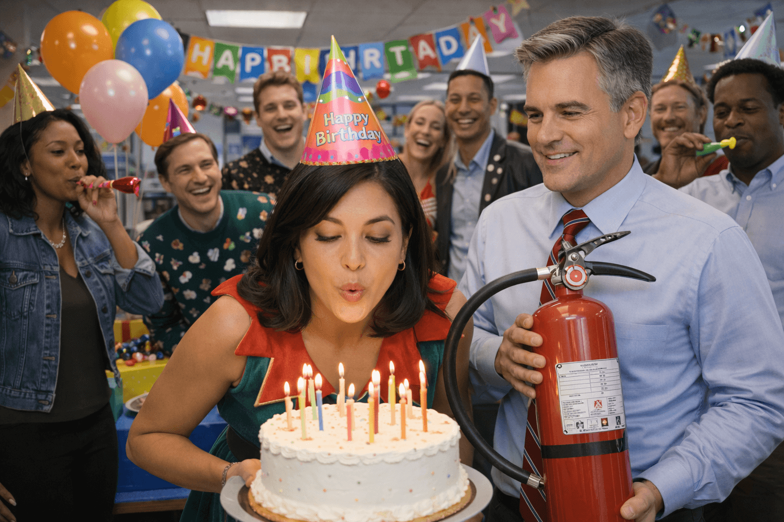Team member celebrating birthday with cake and candles, fire extinguisher nearby