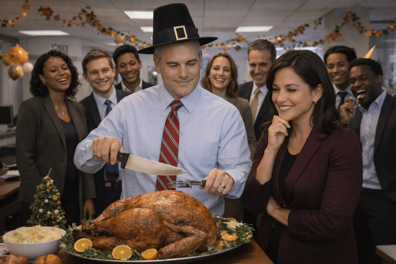 Team gathered around Thanksgiving table with carved turkey and festive spread