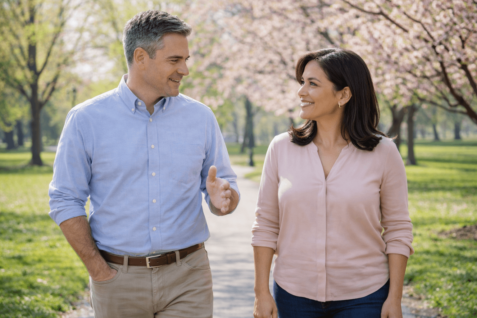 Dr. Rivera and Dr. Hawthorne walking in the park