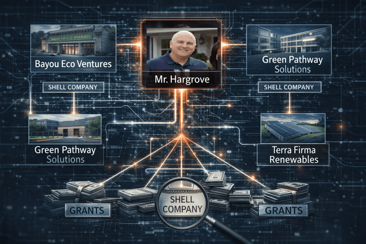we identified three entities, apparently unrelated--Bayou Eco Ventures, Green Pathway Solutions, and Terra Firma Renewables. However, deeper examination has revealed a labyrinth of connections leading back to Mr. Hargrove. Our observations suggest that these companies, seemingly benign, may serve as conduits for rerouting grant money.