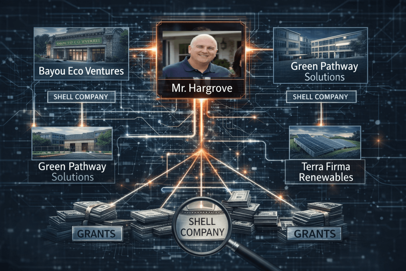 we identified three entities, apparently unrelated--Bayou Eco Ventures, Green Pathway Solutions, and Terra Firma Renewables. However, deeper examination has revealed a labyrinth of connections leading back to Mr. Hargrove. Our observations suggest that these companies, seemingly benign, may serve as conduits for rerouting grant money.