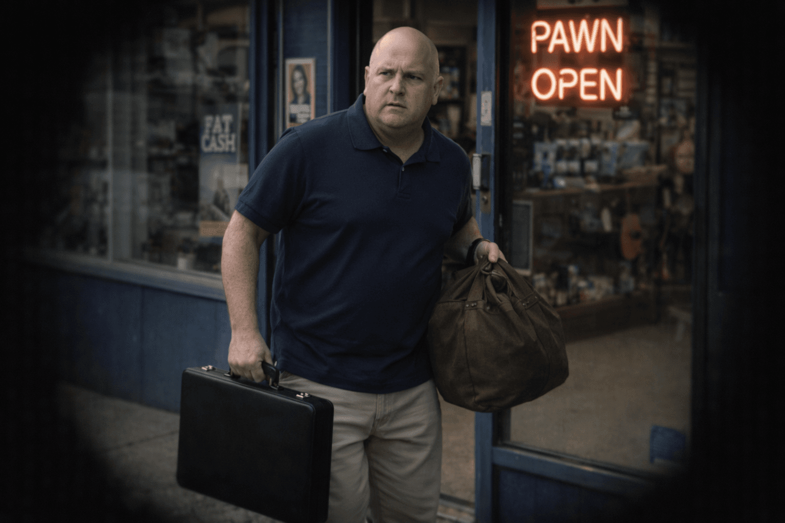 Neon buzzing, door still swinging behind him—that’s when I clocked Theodore. Briefcase in one hand, a bag in the other that sagged like it was packed with regrets and something heavier. He moved fast but not confident, eyes scanning the street the way men do when they’re hoping not to be remembered. I don’t know what was in the bag, but it wasn’t souvenirs—and whatever deal went down inside that pawn shop, he wasn’t eager for daylight to find it.